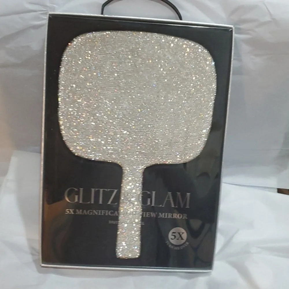 5X magnification Glitz Glam blinged crystal rhinestone hefty handheld mirror new